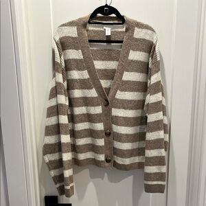 H&M Striped Tan and White Women's Cardigan Sweater